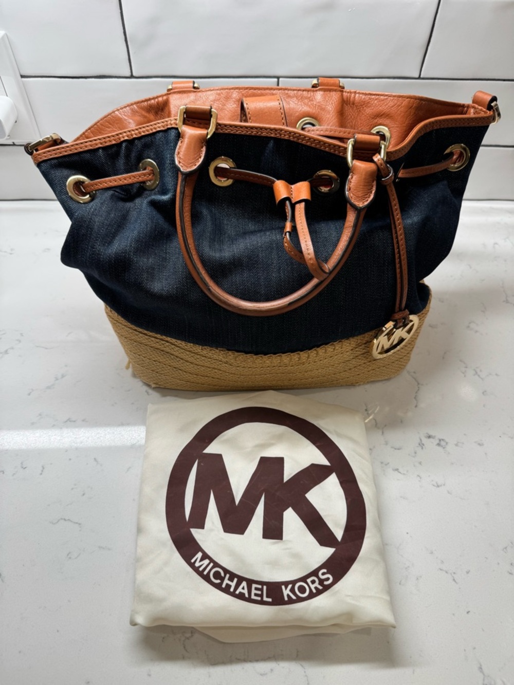Michael Kors Denim and Straw Drawstring Tote Satchel with Leather Trim